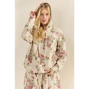 Veveret Size Medium Beige Floral Printed French Terry Hoodie